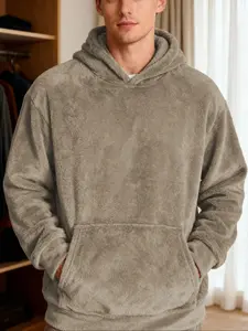 Men's Autumn Winter Outfits Plush Warm Hooded Pullover Sweatshirt for Daliy Wear, Large Kangaroo Pocket Design Drawstring Casual Wardrobe Essential
