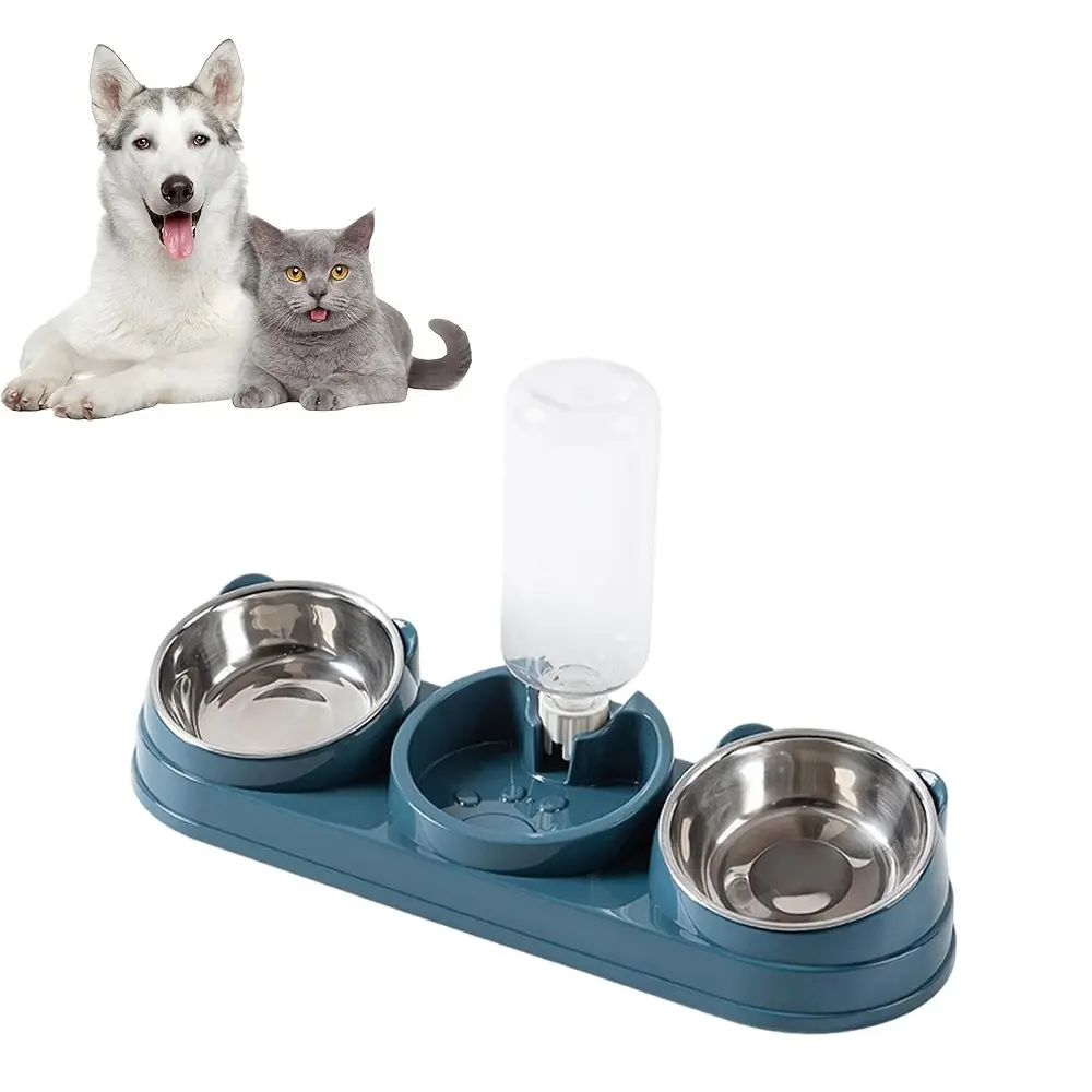 Pet Feeder with Stainless Steel Bowls, 3-In-1 Cat Bowl Feeding Drinking Water Bowl Set, 15° Incline Design, Suitable for Cats Dogs Small Pets, Animal Water Bowl