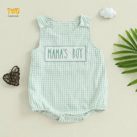 Baby Boy Romper Overalls Letter Embroidery Plaid Print Sleeveless Round Neck Jumpsuit