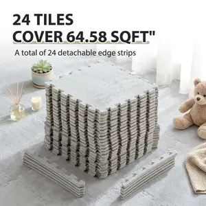 23.25 SQ FT Interlocking Carpet Shaggy Soft EVA Foam Mats Fluffy Square Thickened Plush Tiles Protective Floor Tiles Exercise Play Mat for Children Kids Room Home Parlor Bedroom (Grey, 24 Pcs)