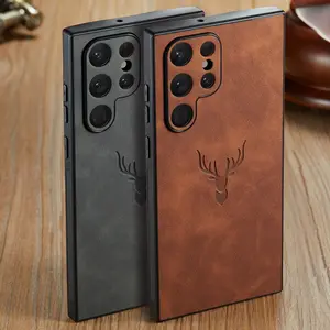 Suede Leather Design Phone Case, Elk Deer Head Pattern Phone Protective Cover, Phone Accessories Compatible with Samsung Galaxy S25 Ultra S24 Ultra S23 S22 Plus S21 FE Note20 Ultra, Casing