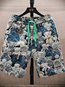 Men's Summer Cartoon Bear Print Jacquard Shorts - Loose Fit Casual Beachwear with Elastic Waistband & Drawstring, Machine Washable Mid-Stretch Fabric for Outdoor Activities, Beach Clothes, Comfortable Fit