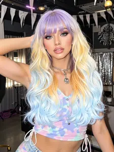 22 Inch Long Curly Wig with Bangs, Colorful Wave Hairpiece for Women, Loose Wave Wigs, Synthetic Wavy Wig, Perfect for Cosplay, Fashionable Comfortable Accessory, Synthetic Wigs