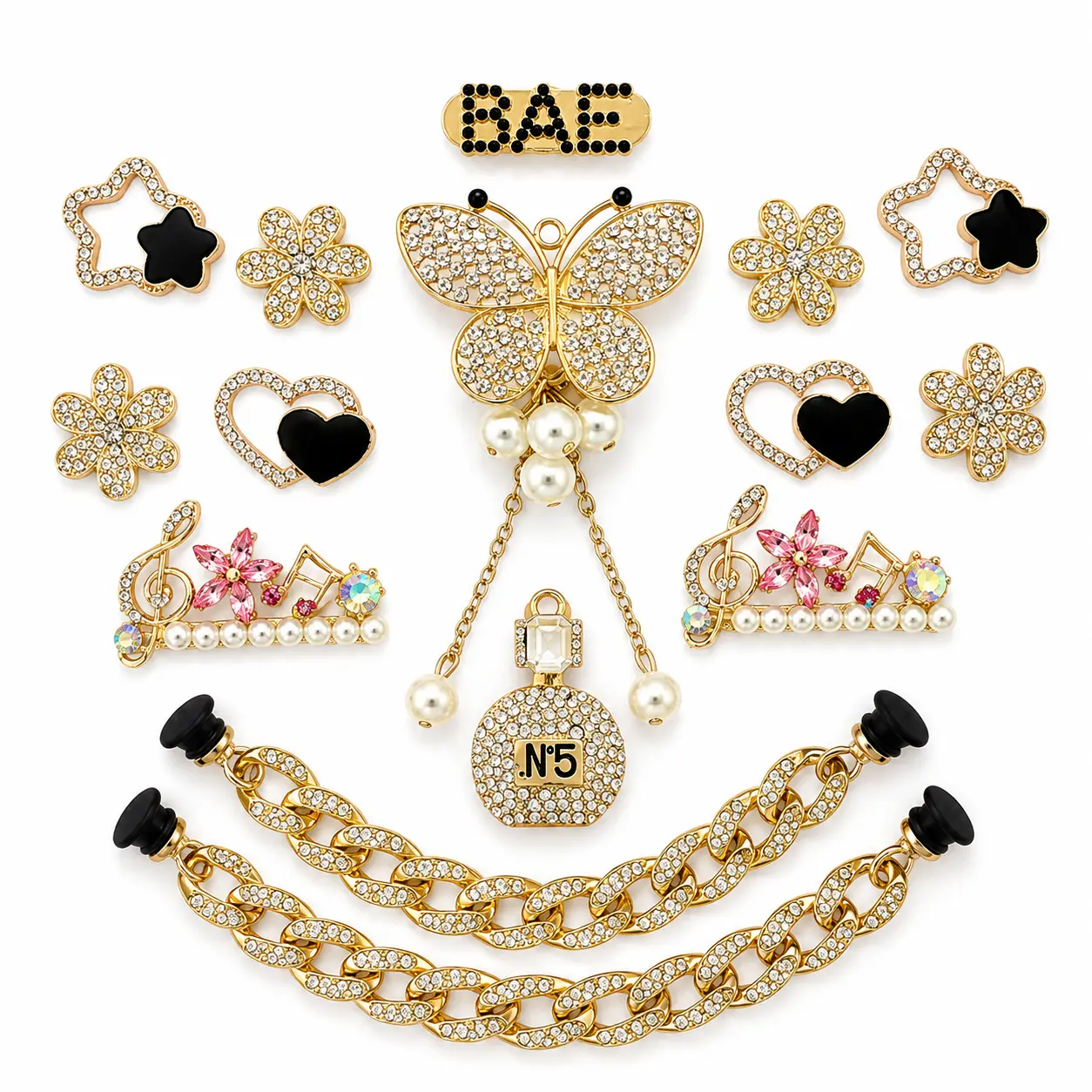 Women's 15PCS Gold Butterfly Pearl Bling Decorative Charm Set, DIY Bag Accessories, Shoe Decoration Charms, Shoe Embellishment Set