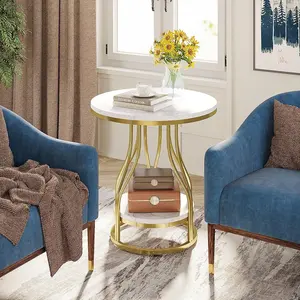 Tribesigns Modern 2-Tier Round End Table With Storage, White+Gold Nightstand For Living Room, Metal Frame