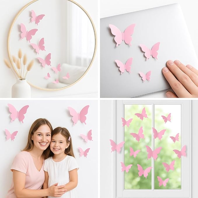 Cute Pink Butterfly Wall Decor 24 pcs, Girls Room Wall Decals, Danish Pastel Aesthetic Butterflies Stickers for Nursery Decorations, Baby Toddler Room Decor for Girls