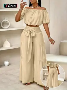 Elegant Beach Vacation Style Off-Shoulder Bubble Sleeve Crop Top Set, Plain Loose-Fitting Short Shirt & Wide Leg Pants, Casual Women's