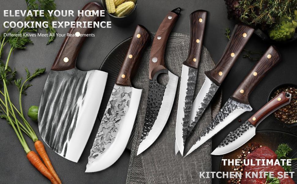 8PCS Kitchen Knives Set Serbian Chef Knife Set, Hand Forged Butcher Knife Set with Knife Bag, High Carbon Steel Kitchen Knife Set Meat Cleaver Boning Knife Viking Knife for Brisket Trimming