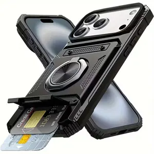 Shockproof Heavy Hard Case with Metal Stand & Card Slots for iPhone 17 Pro Max 16 Pro Max 15 Pro Max Travel Phone Case Durable Material for Smartphone Users Business Professionals Cellphone Protection
