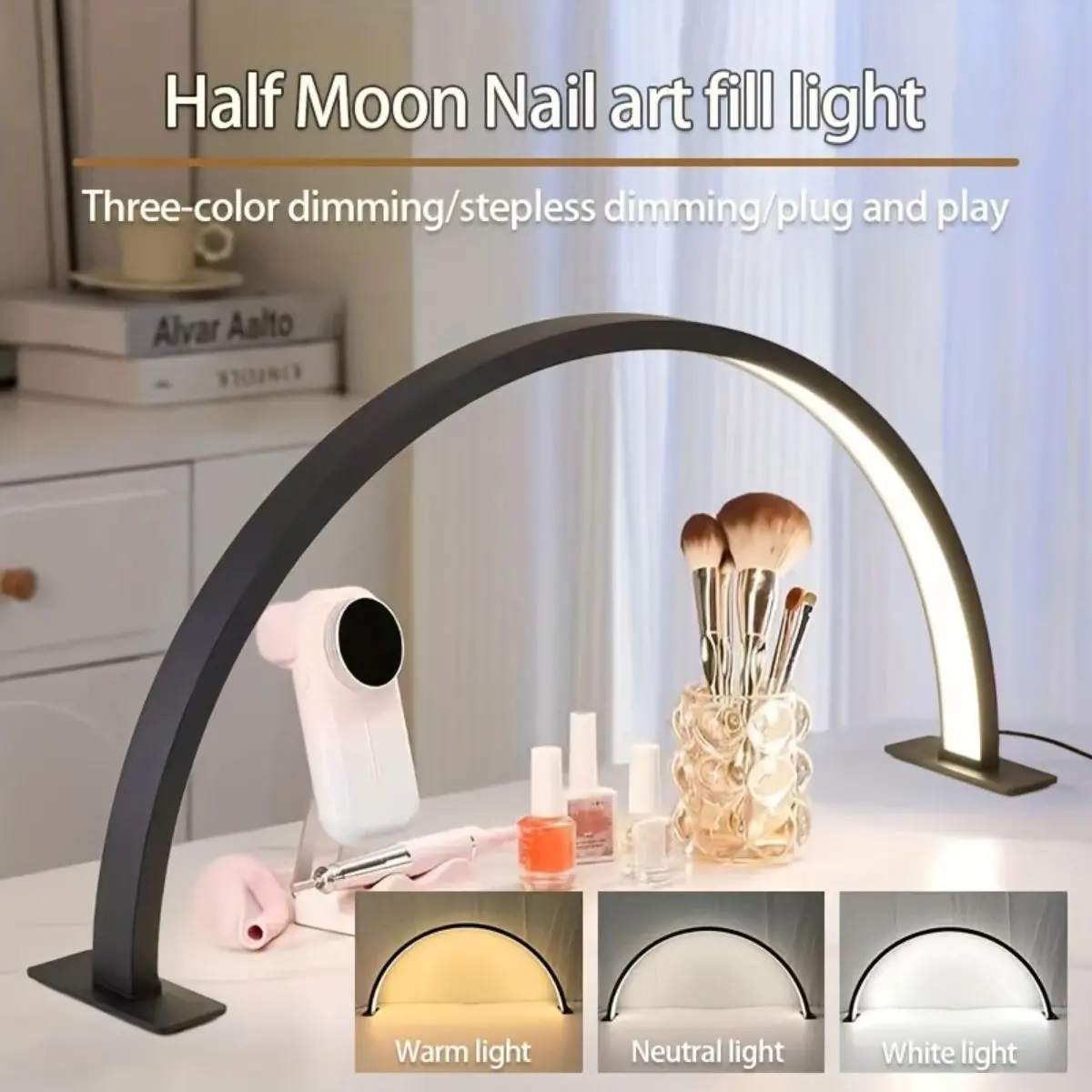Modern LED Nail Lamp, Half-Moon Shape, USB Powered Button Control, Three Color Light, Dimming Lighting, Ideal for Manicure, Eyelash Extension, Tattooing, Led Desk Lamp, Dimmable Desk Lights