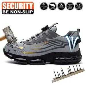 Men's Breathable Mesh Work Sneakers Durable Anti-Slip Safety Shoes with Steel Toe Protection Comfort Fit for All Seasons Casual Striped Design Elastic Closure Non-Slip EVA Sole Orthotic Insole Worker Footwear