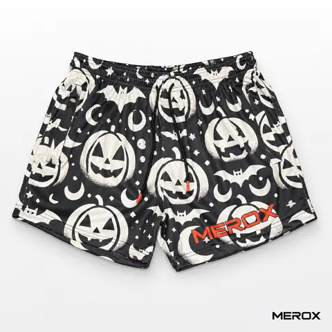 MEROX Unisex Black & White Jack-o’-Lantern Halloween 5-Inch Mesh Shorts for Men & Women – Pumpkin Print Gym, Workout, Festival & Streetwear Shorts with Zipper Pockets Active Mesh Shorts Athletic Sport Shorts Graphic Athletic Shorts