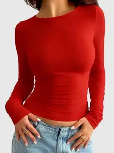 Women's Slim Fit Long Sleeve Crop Top, Soft Stretchy Modal Fabric, Crew Neck Ruched Waist Basic Layering Tee for Daily, Casual & Going Out - Navy Blue/Red/Military Green Options Womenswear