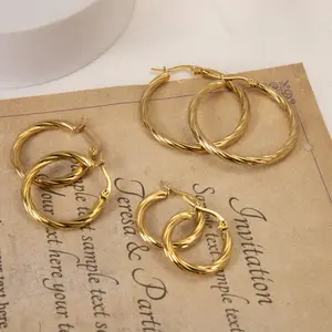 3pairs Stainless Steel Twisted Wire Earrings Plated With 18k Gold, Fashionable And Minimalist Earrings, Ideal Choice For Festival Gifting
