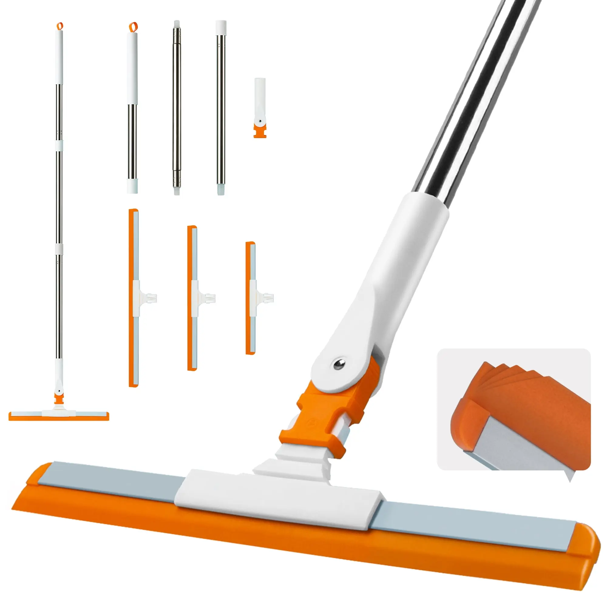 Floor Squeegee 3-in-1 Set, 141822Interchangeable Rubber Blades, 60Long Stainless Steel Handle, Home & Commercial Shower, Window, Concrete, Tile