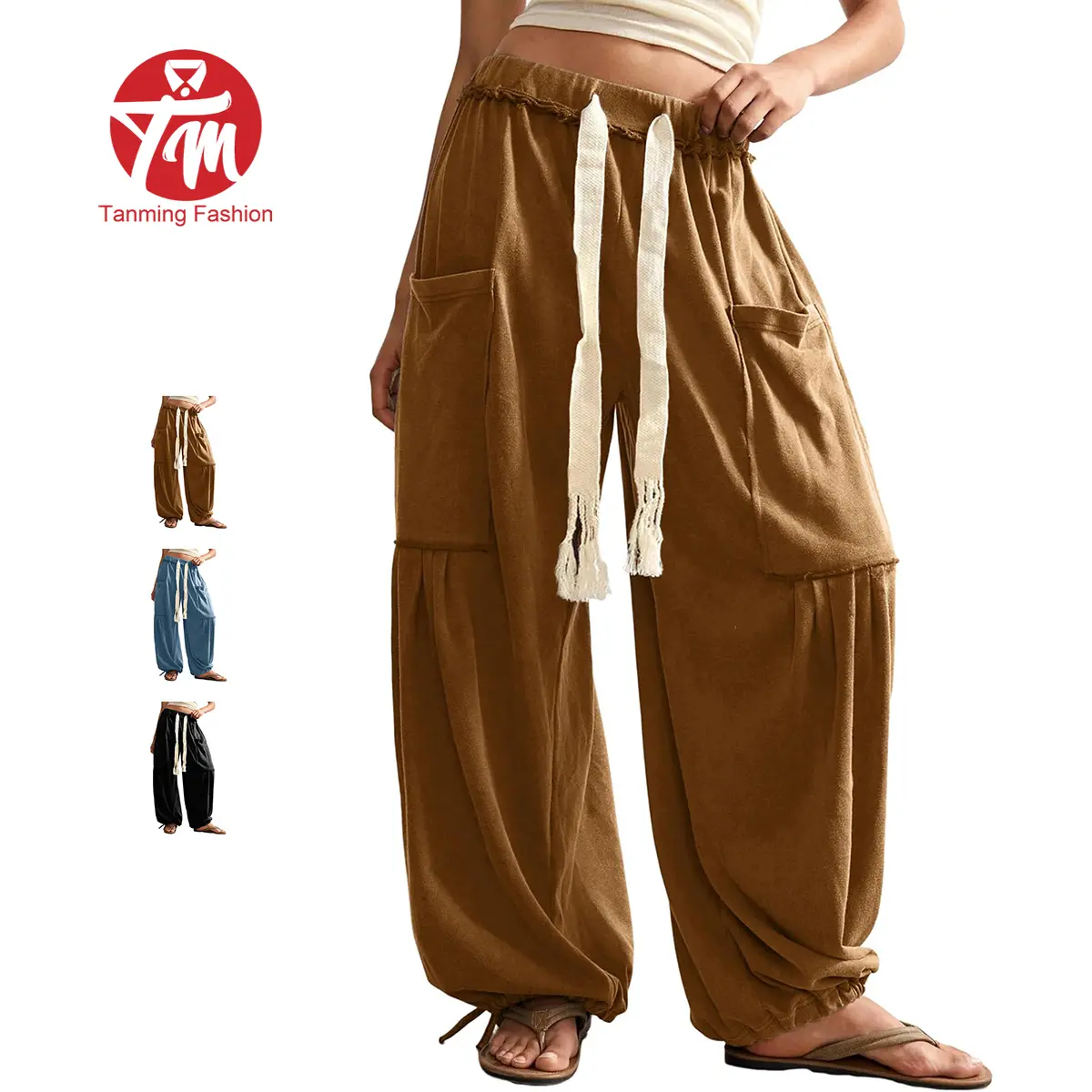 Tanming Women's Oversized Harem Pants, Basic Cotton Bohemian Style Lounge Bottoms with Pockets and Drawstring Waist, Casual Style Bottoms