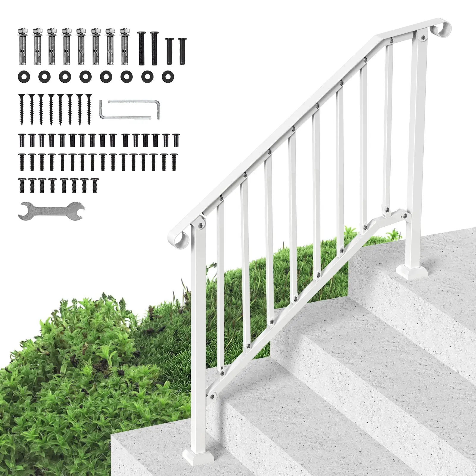 VEVOR Handrails for Outdoor Steps, 3-4 Step Stair Hand Rail Kit, Transitional Carbon Steel Railings with Installation Kit, Stair Rails for Seniors, Concrete Steps Porch Deck, White Retro Arch