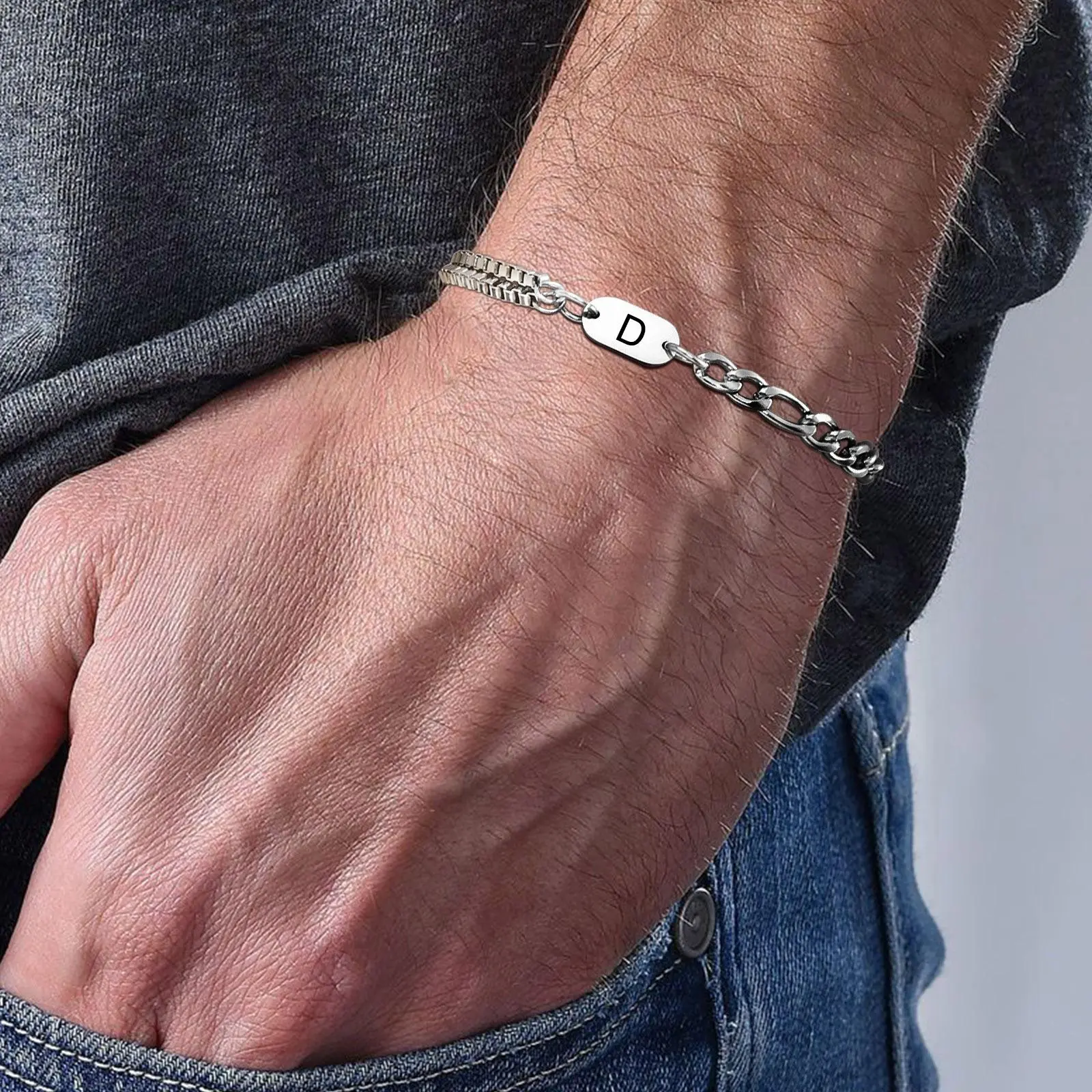 Vnox Unisex Stackable Box Chain Bracelets, Waterproof Fogaro Cuban Chain, 26 Letters Name Bracelets Gift for Men Women