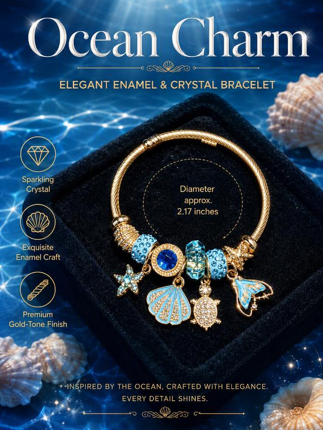 Ocean Theme Open Cuff Bangle, Shiny Golden Bracelet With Blue Crystal Beads, Shell, Turtle & Mermaid Tail Charms, Summer Beach Jewelry Gift For Women Ocean Theme Open Cuff Bangle, Shiny Golden Bracelet With Blue Crystal Beads, Shell, Turtle & Mermaid Tail Charms, Summer Beach Jewelry Gift For Women