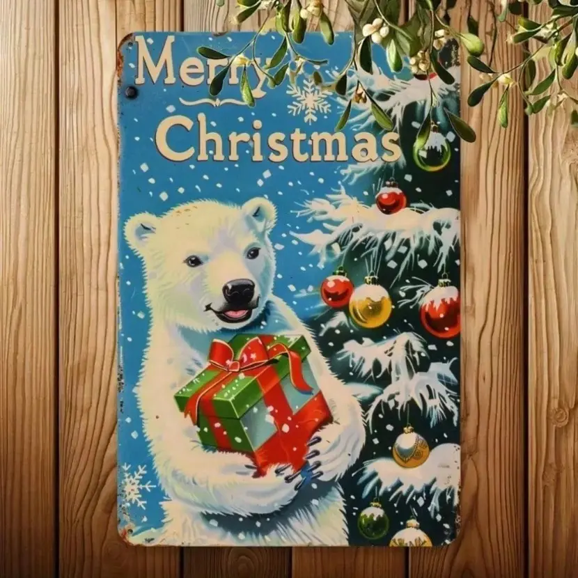 Vintage Polar Bear Christmas Aluminum Wall Art Retro Holiday Home Decor for Indoor Cafe Restaurant Bar Housewarming Gift