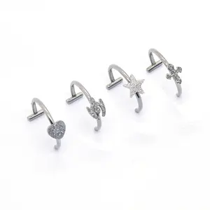 4 Piece Set Korean Matte Heart & Cross Fake Lip Rings, Non-Piercing Nose Ring Clips, Simple Stainless Steel Piercing Jewelry, Pain-Free Fashion Body Accessories
