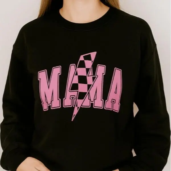 MAMA Crewneck Sweatshirt with Pink Checkerboard Design and Cute Style for Women - Long Sleeve Pullover for Casual Everyday Wear