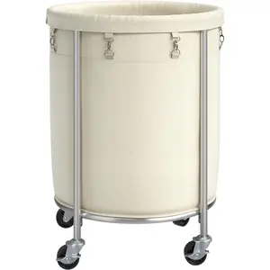 ELYKEN Laundry Basket with Wheels, 170L Rolling Laundry Hamper with Removable Bag and Steel Frame, Round Laundry Cart with 4 Casters and 2 Brakes, Ideal for Bedroom, Bathroom, Laundry Room, Cream