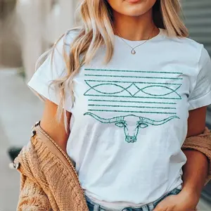 Western Boot Stitch Shirt Long Horn Turquoise T-shirt Tee Cowgirl. Rodeo Unisex Country Western Trendy Gift for Her