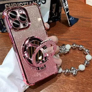 Women's Phone Case with Mirror & Stand for iPhone 11/12/13/14/15/16 Pro Max,14/15/16 Plus,X,&XS Max. Features a pink chrome alloy frame, reinforced corner protection, and full-body drop-resistant design.