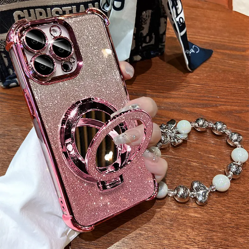 Women's Phone Case with Mirror & Stand for iPhone 11/12/13/14/15/16 Pro Max,14/15/16 Plus,X,&XS Max. Features a pink chrome alloy frame, reinforced corner protection, and full-body drop-resistant design.