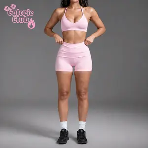 CalorieClub women’s set: halter sports bra with thin straps and a beautiful back design, paired with high-waisted slimming shorts; suitable for outdoor casual exercise, running, yoga, and Pilates.