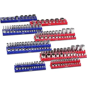 VEVOR Magnetic Socket Organizer Set, 8PCS Socket Holder, 1/4'', 3/8'' & 1/2'' Metric SAE Socket Trays with Clear Labels, Hold up to 199PCS Standard & Deep Sockets, Blaue & Red (Sockets Not Included)