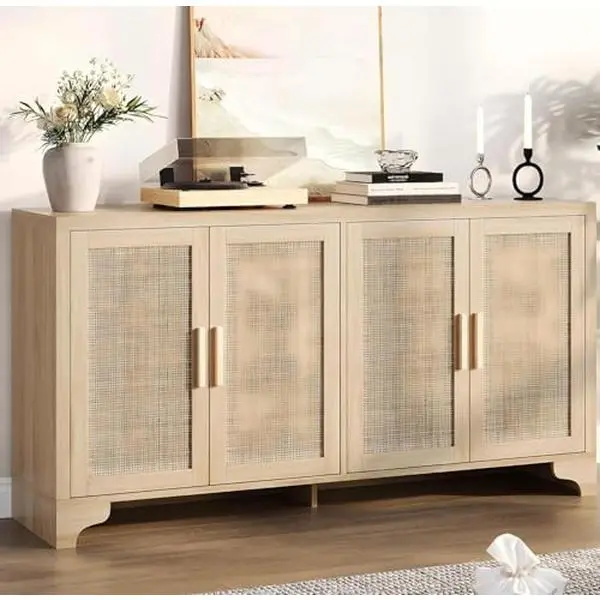 GARVEE Natural Rattan Sideboard Buffet Cabinet - Farmhouse Look Large Size with Rattan Weave, 4 Storage Doors, Natural Texture for Kitchen, Living Room