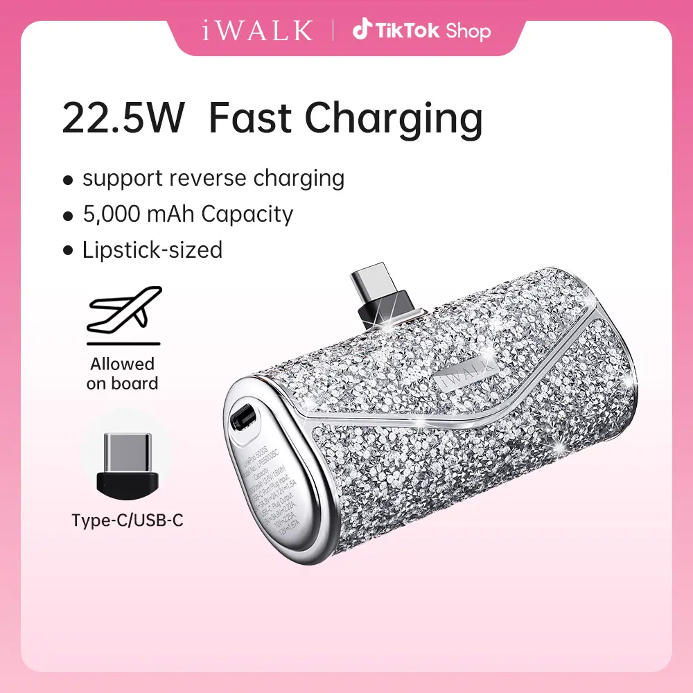 iWALK Sparkly Portable Charger - 22.5W 5000mAh Power Bank, Compact USB Type-C Cable Connector, Fast Charging for iPhone 17/16/15, Durable Lithium Battery Travel Gadget, Mini Phone Accessories for Purse, Smartphone & Electronics Devices summerwins,summerwi