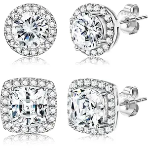 18K Gold Plated Halo Stud Earrings 925 Sterling Silver Cubic Zirconia Stud Earrings Round Square Diamonique Stud Earrings Set for Women Men