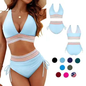 2-Pack High-Waisted Color-Block Drawstring Quick-Dry Two-Piece Bikini Set, Women's Cropped Bikini Swimsuit, Modest Coverage Swimwear