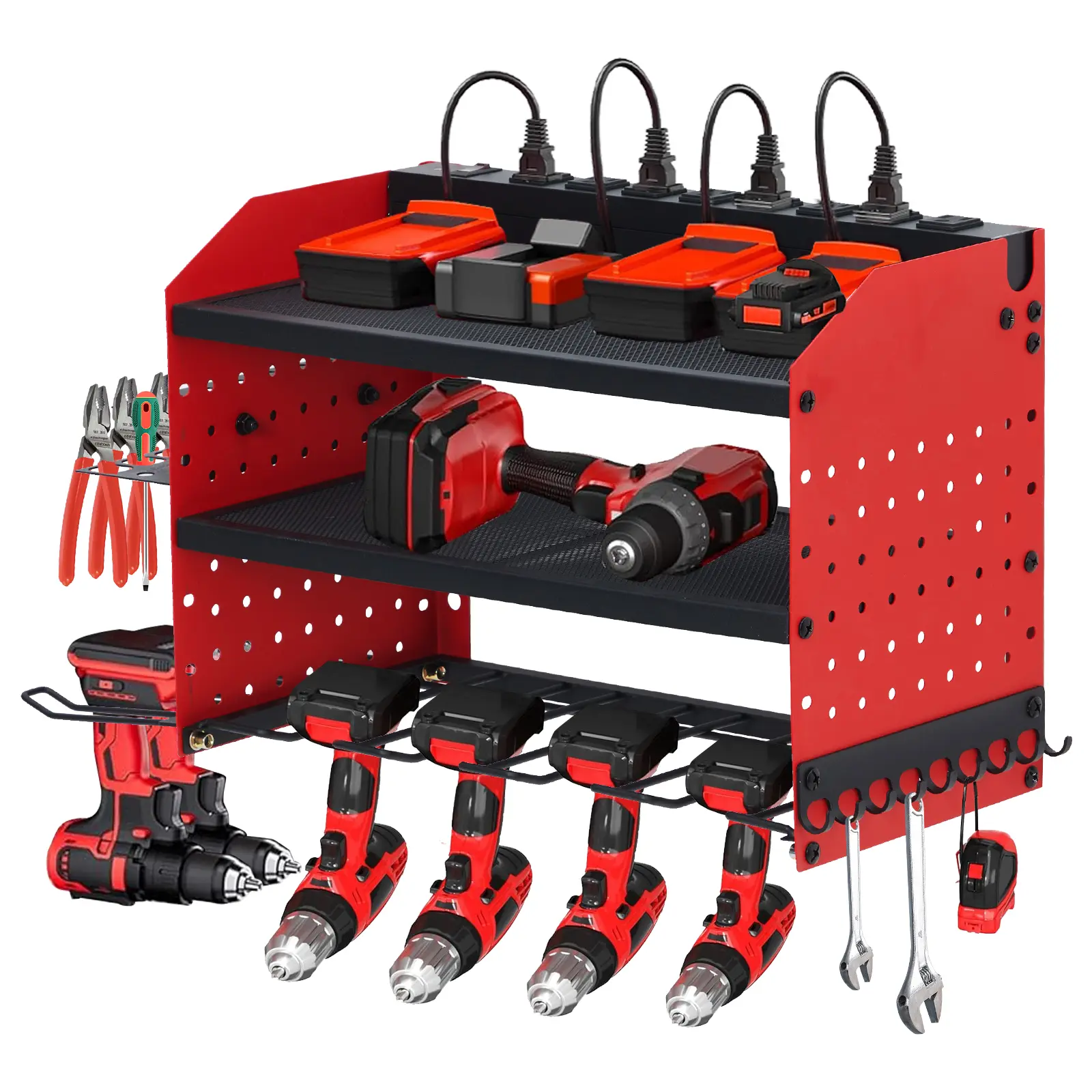 Garage Wall Mount Power Tool Organizer, 4-Tier Thickened Steel Rack Featuring 8 Drill Holders, Bit Storage Shelf & Hanging Hooks, Space-Saving Heavy Duty Tool Cabinet for Workshop and Basement Use