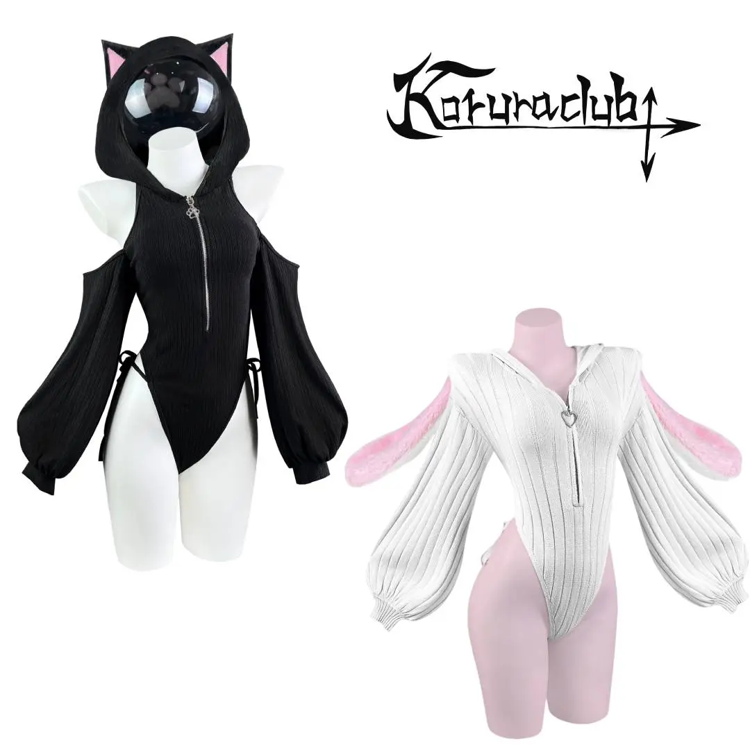 KORURUACLUB Cat Suit With Bunny Suit 2pcs Cosplay Set - Black & Pink Hooded  Outfit for Women - TikTok Shop