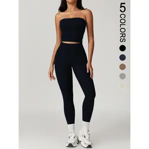 Women's Solid Crop Tube Top & High Waisted Leggings Sportswear Set, Sleeveless Strapless Crop Top & Butt Lifting Skinny Yoga Pants Sport Set, Workout Gym Exercise Clothing Set for Women, Tracksuit for Women, Gym Clothing, Workout Sets Women