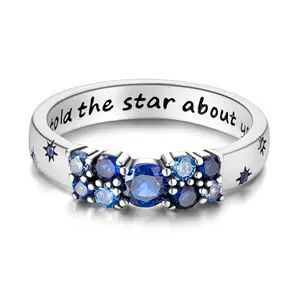 MULA 925 Sterling Silver Star Code Ring | Hidden Message Engraving and Blue Zirconia Sparkle | Celestial Inspired Jewelry for Women