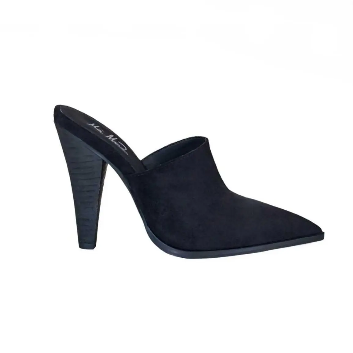 Women's Cotton-Suede Faux Leather Vegan Leather Natural Slip-On High Mule Heel Shoe - Black, Rubber Sole