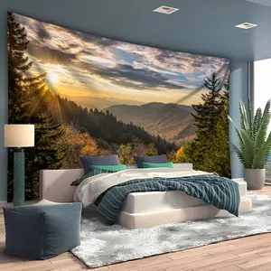 Extra-Large Mountain Forest Sunshine Tapestry - Polyester Wall Hanging for Living Room, Bedroom, Office & Party Decor - Easy Install, No Power Needed, Living Room Decor |     Sunlit Mountain Scene |     Durable Wall Hanging, Mountain Wall Art