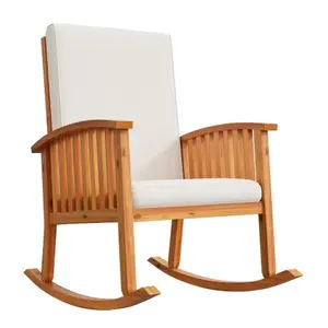 SAYGOGO Rustic Outdoor Patio Single Seat Acacia Wood Rocking Chair - Natural Finish, Long Rocking Base, Water-Resistant Cushions, All-Weather Durable Garden Porch Rocker, Assembly Required