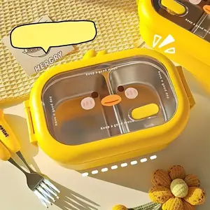 33.81 oz Stainless Steel and Plastic Insulated Thermal Lunch Box with Yellow Duck Design, Leakproof insulated lunchbox - Microwave Safe, Leak-Proof, Portable Bento Box for Work, Picnics, School Meals, Leak-Proof Compartments