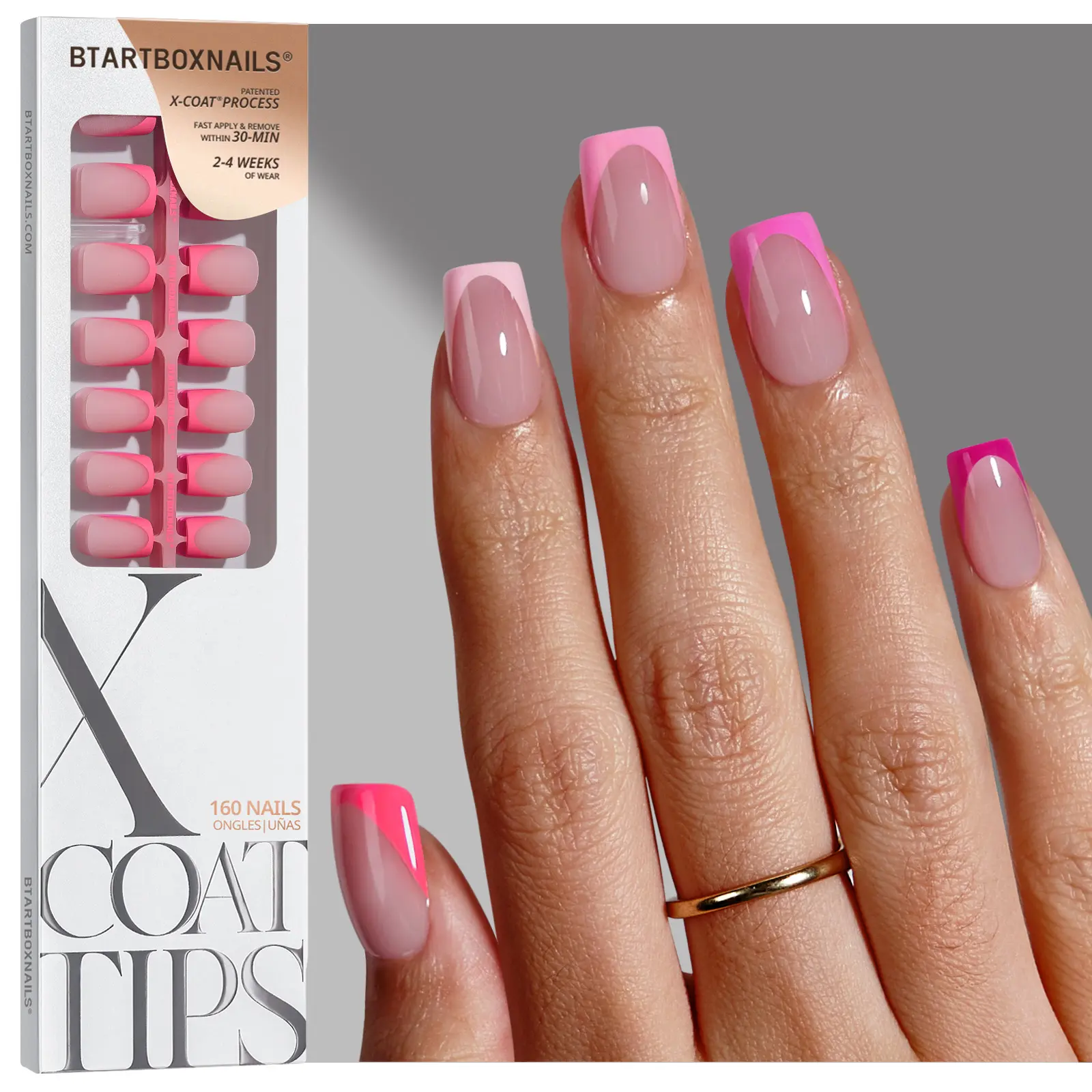 BTArtboxnails XCOATTIPS Press on Nails - 150pcs Pink Short Square or Almond French Tips,Pink Soft Gel False Nail, Soak Off Acrylic Fake Nails Extensions