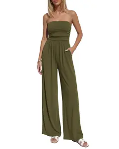 BTFBM Jumpsuits For Women Summer 2026 Beach Vacation Strapless Tube Top Jumpsuit Ruched Casual Wide Leg Pant Rompers