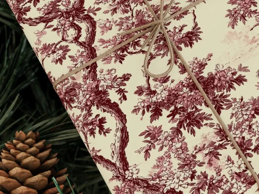 Burgundy Toile de Jouy Wrapping Paper Roll Cottagecore Christmas Gift Wrap Farmhouse Vintage Style Old Fashioned Holiday Yule Decoration , Best of gift, Meaningful gift. (Get 1 paper cutter when buying any 5 rolls)