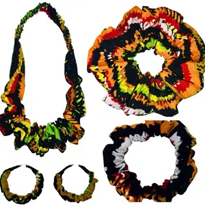 Handmade DeNob 4-in-1 Ankara Set | XXL Scrunchie, Ruffled Headband, Earrings & Mini Scrunchies color 4