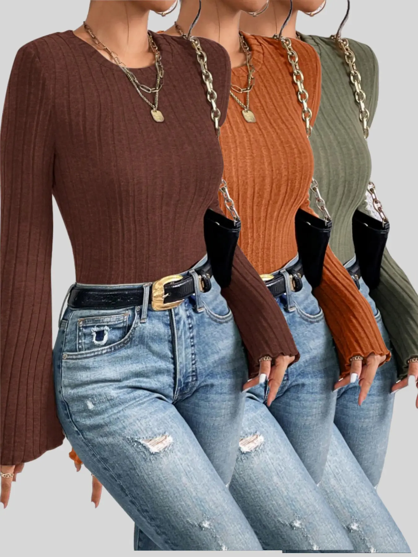 New stylish casual long-sleeved top flared sleeve striped textured fabric knitted T-shirt three-piece set