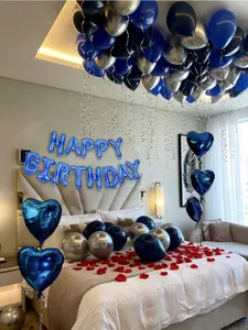 593pcs Blue Birthday Party Decoration Set 500 Non-Woven Flower Petals 16" Happy Birthday Banner 10pcs 18" Foil Heart Balloons Latex Balloons Ribbons for Baby Shower Men's Party Graduation Ceremony Viral Photo Backdrop